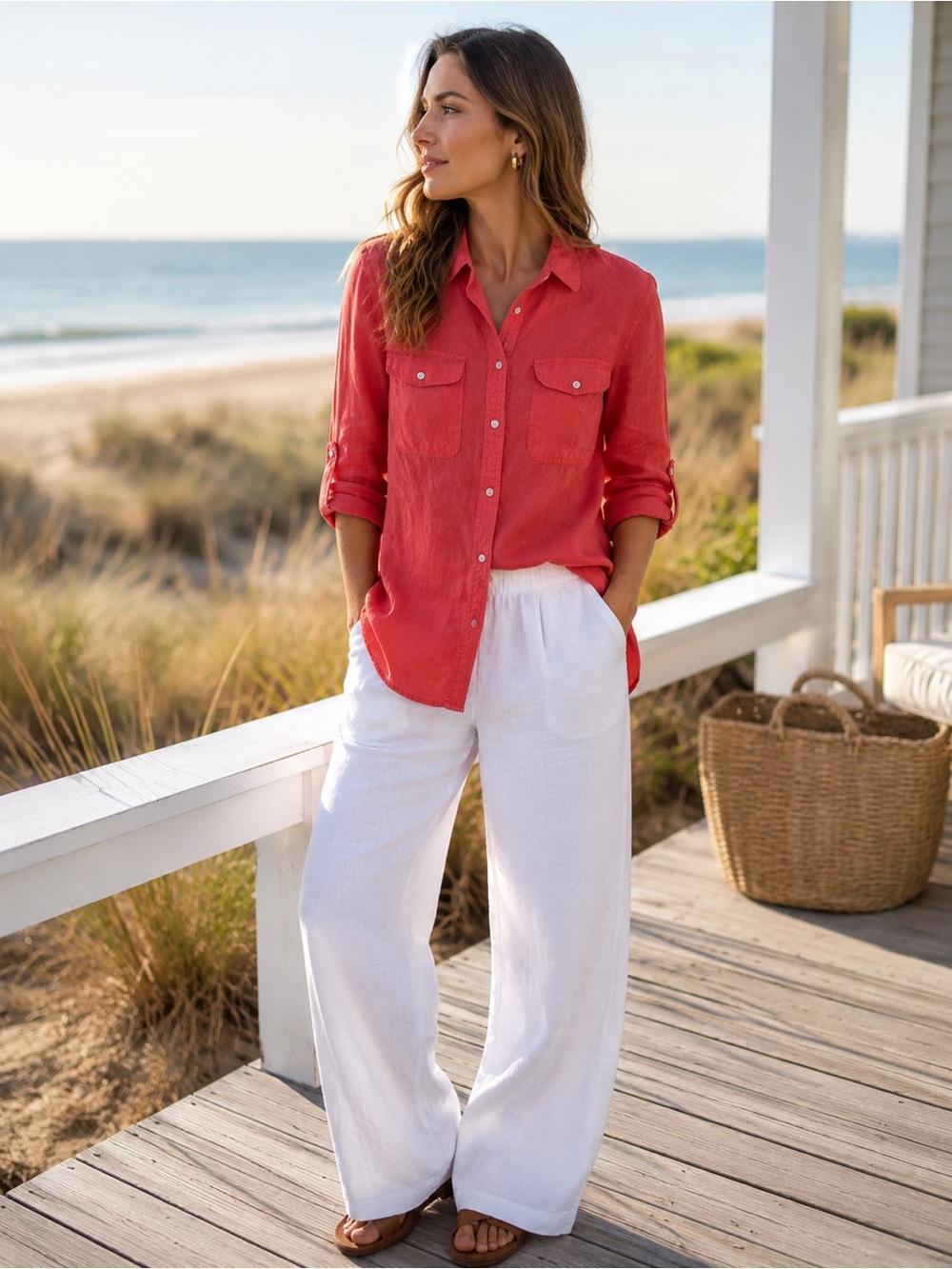 Lauren Ralph Lauren 100% Linen Button Front Shirt Red Coral Roll Tab Long Sleeve